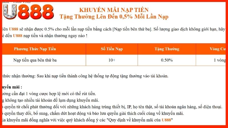 Mỗi lần nạp tiền nhận thưởng 0.5%
