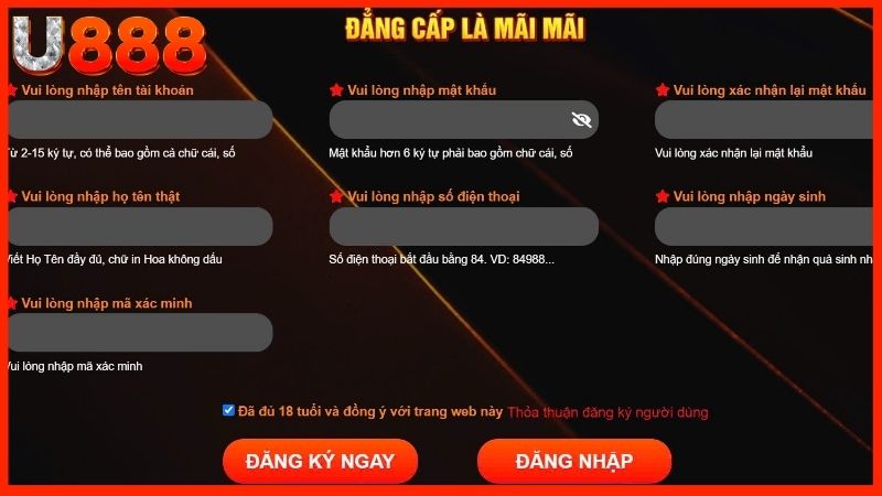 Nhập liệu chính xác vào form đăng ký u888